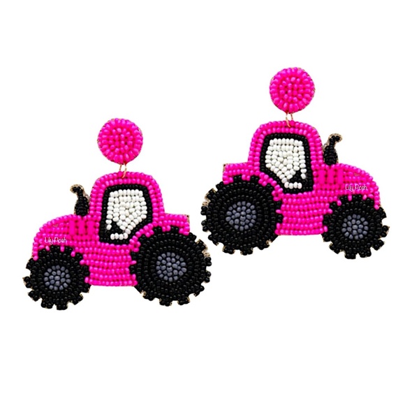 Lily Posh Pink Tractor Earring, Seed Bead Earring, Farming - Picture 1 of 2